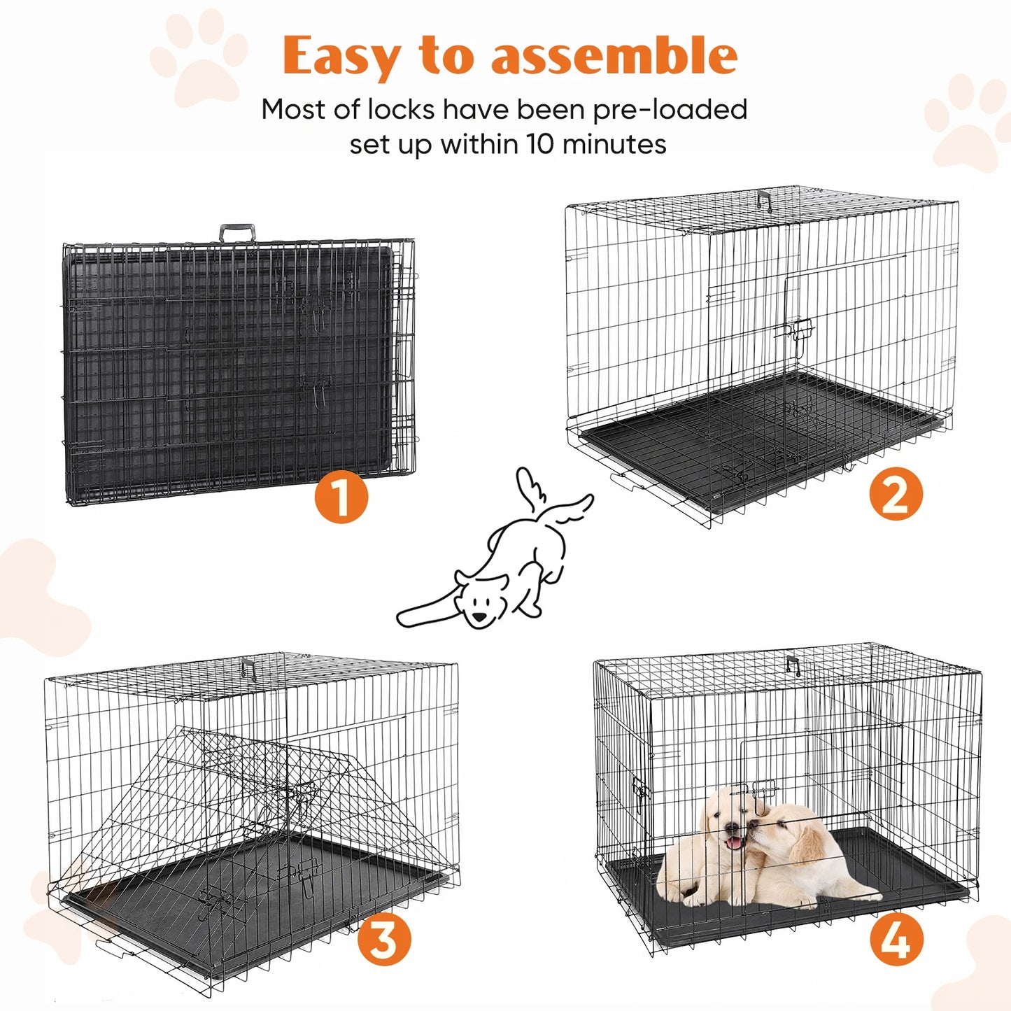 JHK Double Door Folding Metal Wire Dog Cage with Plastic Leak-Proof Pan Tray Extra Large Pet Kennel for Indoor Outdoor Travel