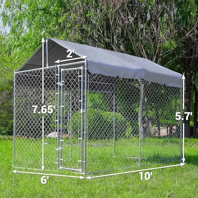 Large Outdoor Kennel with Fully Covered Roof Metal Galvanized Outdoor Dog Fence with Double Security Locks Waterproof Cover