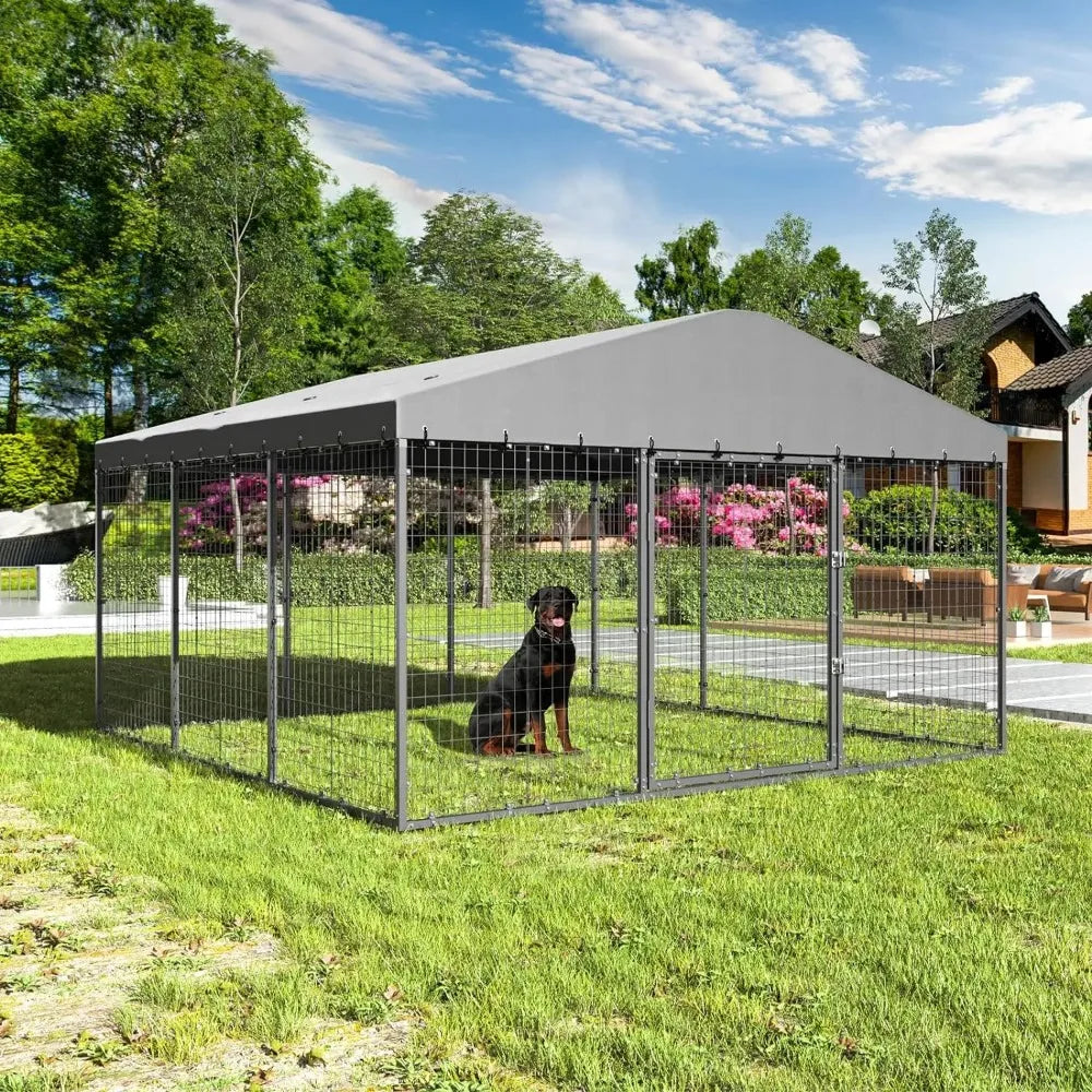 Large Outdoor Kennel with Fully Covered Roof Metal Galvanized Outdoor Dog Fence with Double Security Locks Waterproof Cover