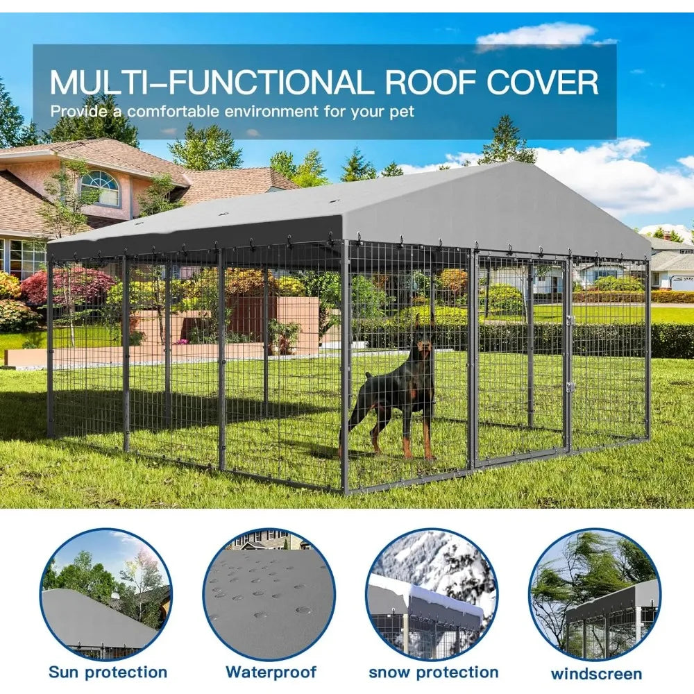 Large Outdoor Kennel with Fully Covered Roof Metal Galvanized Outdoor Dog Fence with Double Security Locks Waterproof Cover