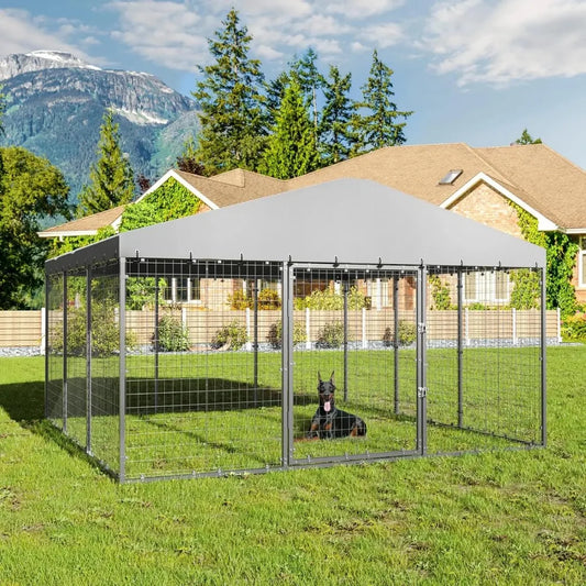 Large Outdoor Kennel with Fully Covered Roof Metal Galvanized Outdoor Dog Fence with Double Security Locks Waterproof Cover