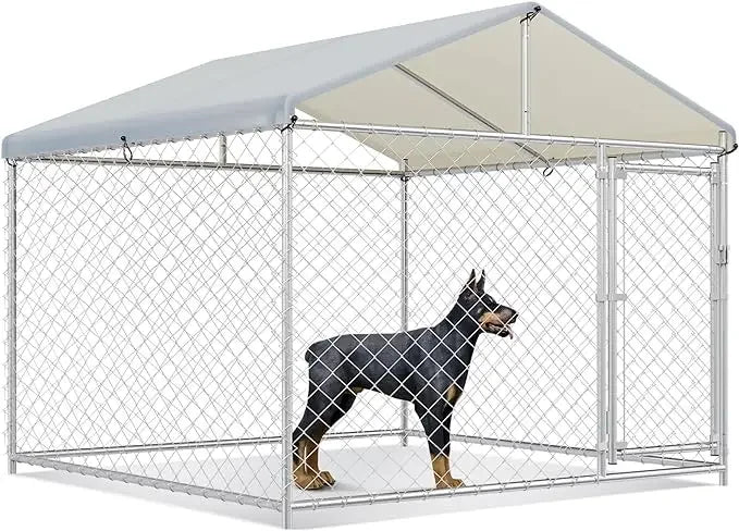 Large Outdoor Kennel with Fully Covered Roof Metal Galvanized Outdoor Dog Fence with Double Security Locks Waterproof Cover