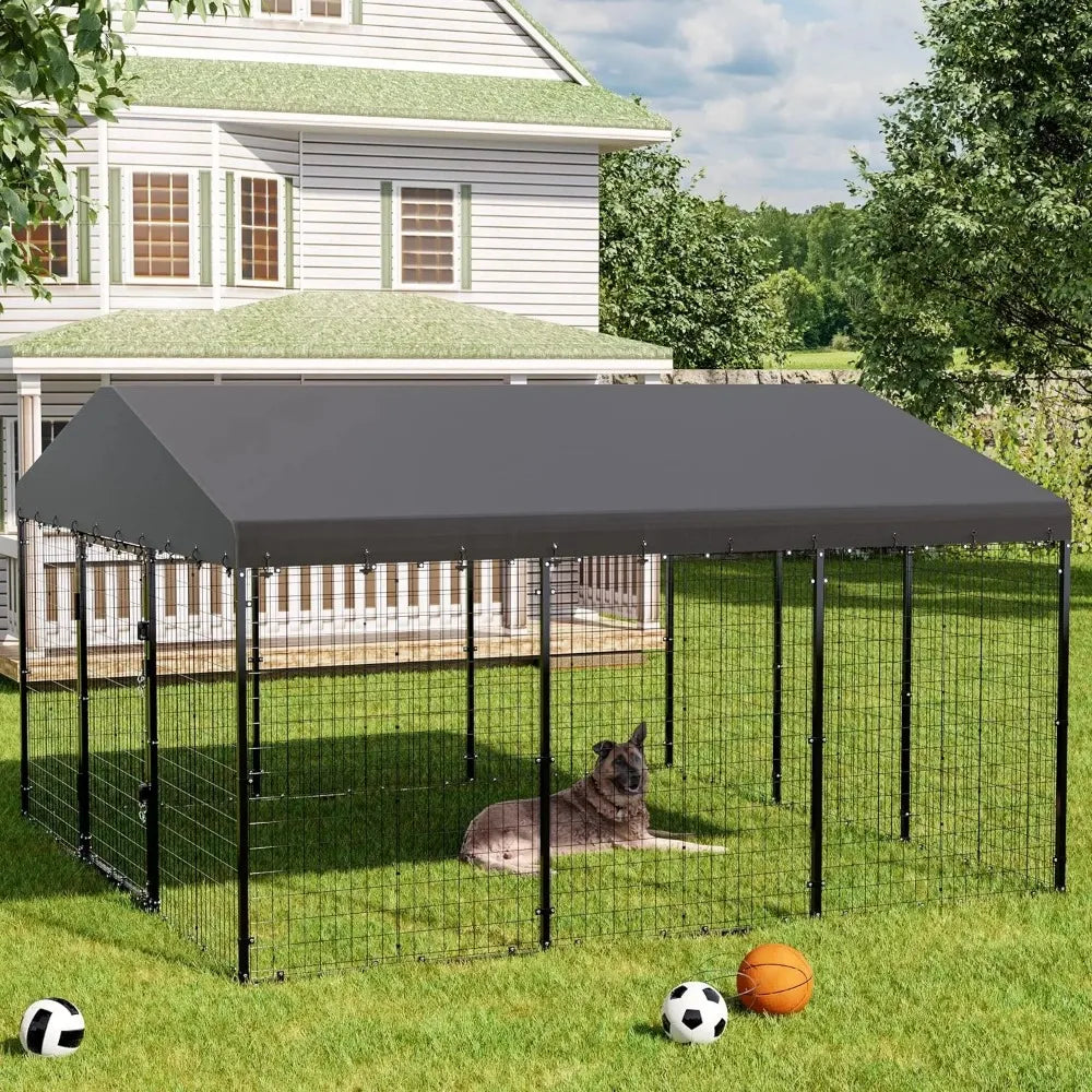 Large Outdoor Kennel with Fully Covered Roof Metal Galvanized Outdoor Dog Fence with Double Security Locks Waterproof Cover